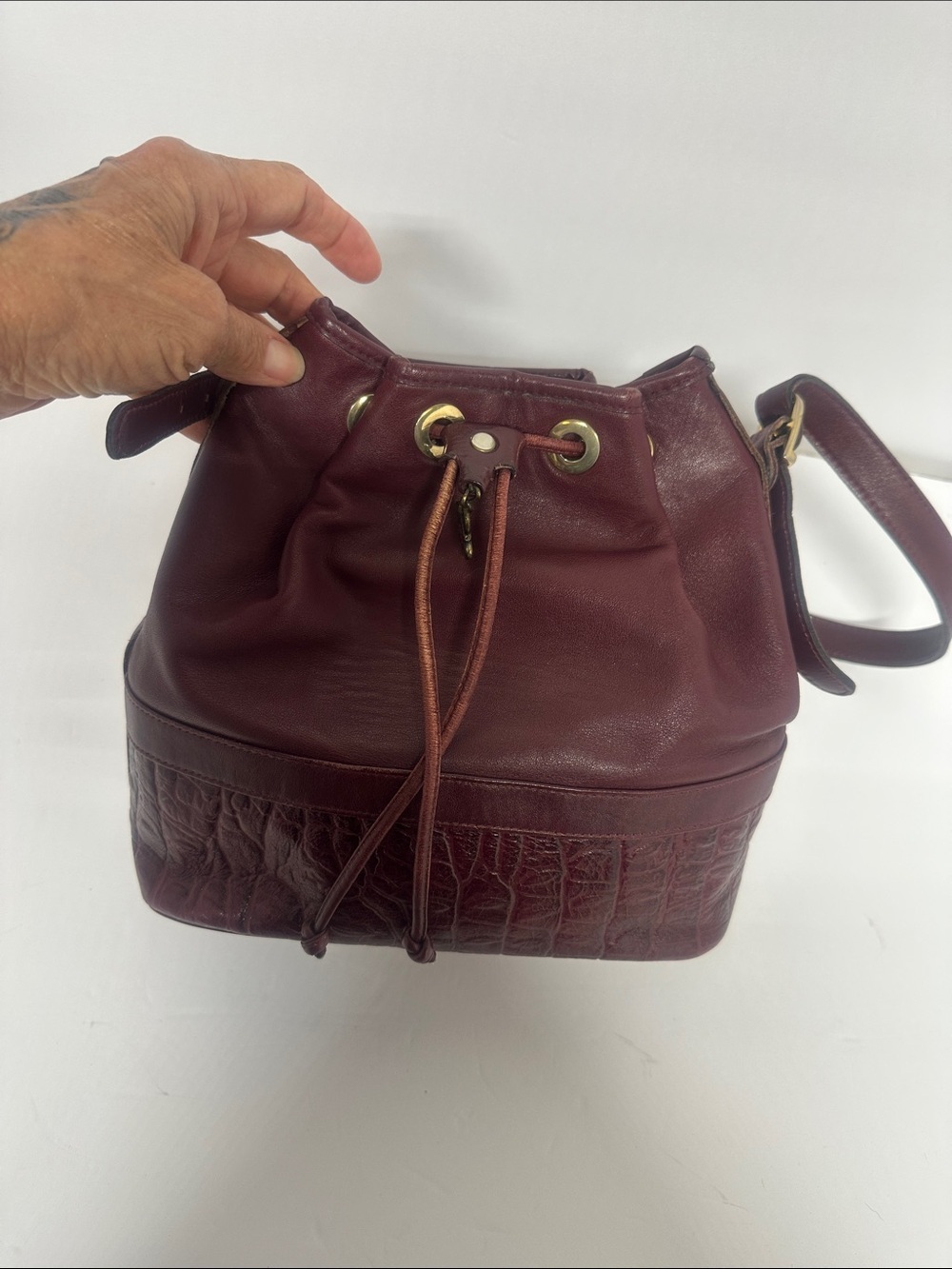 Etienne Aigner Burgundy Leather Drawstring Bucket Bag